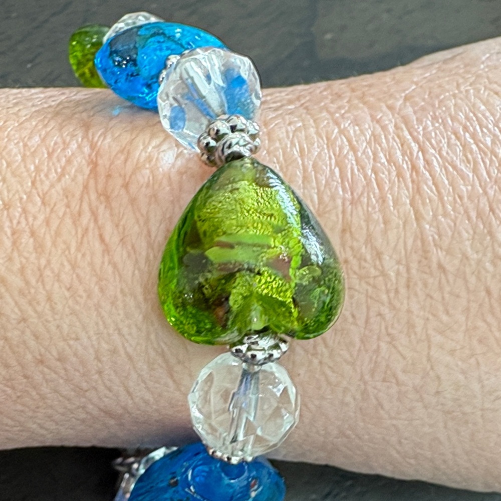 Green and Blue Glass Heart Beaded Bracelet - Women Jewelry
